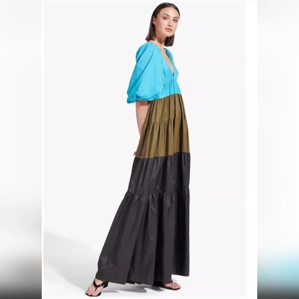 STAUD Meadow Color Block Puff Sleeve Tiered Maxi Dress Blue Black Olive Runway - Picture 5 of 13
